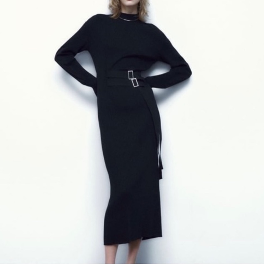 Zara Black Ribbon Knit Midi Long Sleeve Dress Sz M Belted Mock Neck Tube Bodycon
